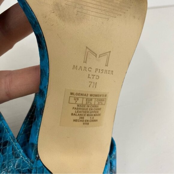 Marc Fisher LTD Womens Heeled Sandals 7M Blue Leather Snake Print Slip On - Picture 7 of 10